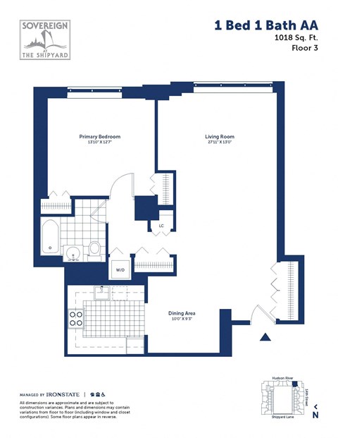 Floor plan for 1 bed, 1 bath, 1018 sqft